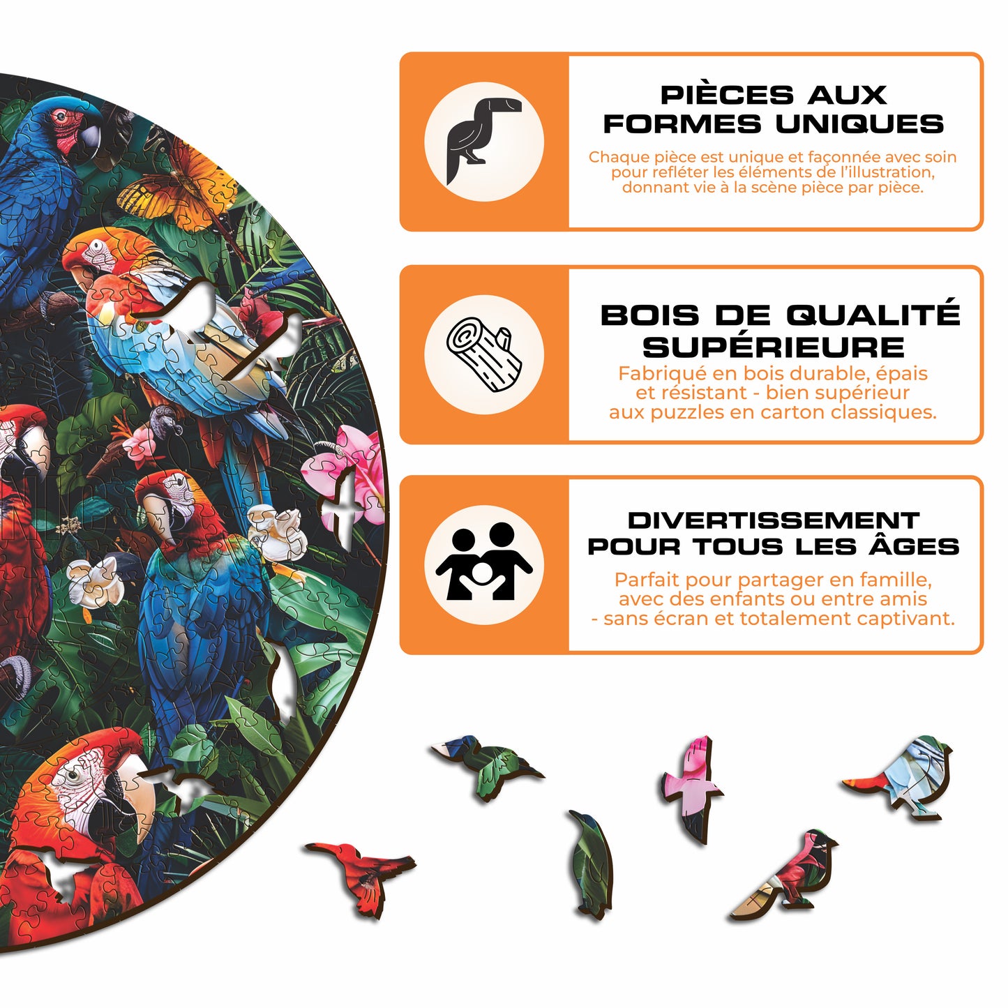 Perroquets Colorés - Puzzle en Bois