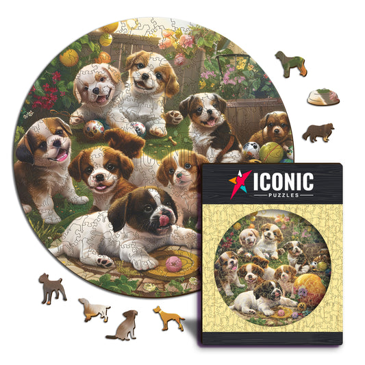 Chiots Dans Le Jardin - Puzzle en Bois