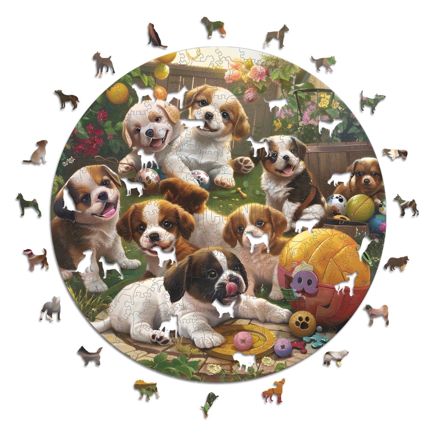 Chiots Dans Le Jardin - Puzzle en Bois